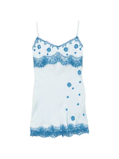 Asta Resort Beaded Lace-trim Mini Dress In Blue