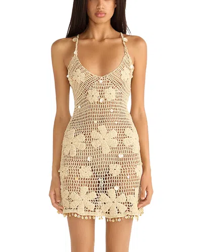 Asta Resort Delilah Hand Crochet Cotton Plunge Neck Mini Dress In Brown