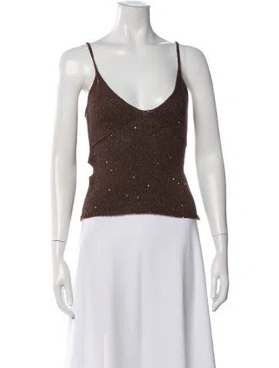 Pre-owned Asta Resort Printed V-neck Top In Brown
