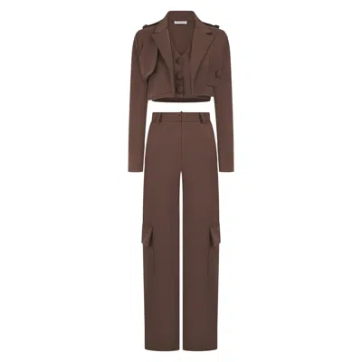 Asteliia Dara Three Piece Waistcoat Blazer And Cargo Trousers In Cocoa Brown