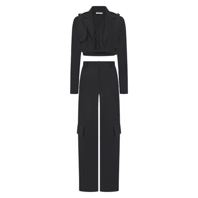 Asteliia Dara Three Piece Waistcoat Blazer And Cargo Trousers In Navsoul Black