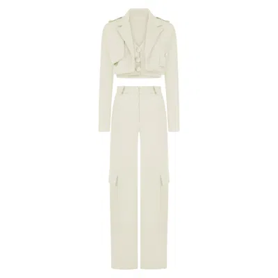 Asteliia Neutrals Dara Three Piece Waistcoat Blazer And Cargo Trousers In Cappuccino Foam