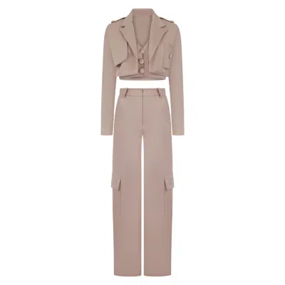 Asteliia Neutrals Dara Three Piece Waistcoat Blazer And Cargo Trousers In Rainy Day Stone