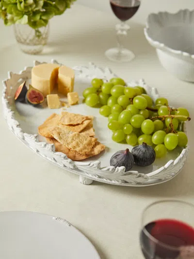 Astier De Villatte Hand-glazed Ceramic Large Footed Platter With Leaves  Abask Luxury Gift In White