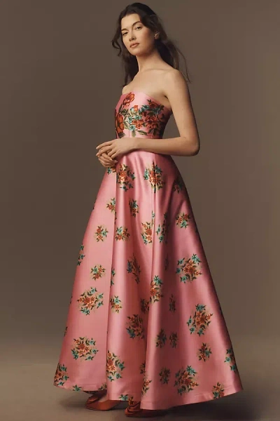 Aston Studio Audrey Strapless Floral Taffeta Maxi Dress In Pink
