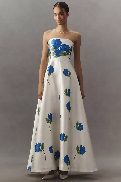 Aston Studio Audrey Strapless Floral Taffeta Maxi Dress In White