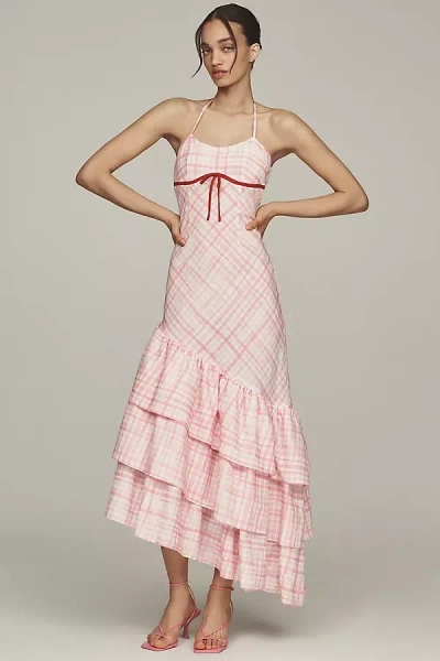 Aston Studio Elouise Linen-cotton Ruffled Halter Dress In Pink