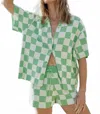 Aston Studio Knit Short Sleeve Button Up Shirt In Evergreen In Green