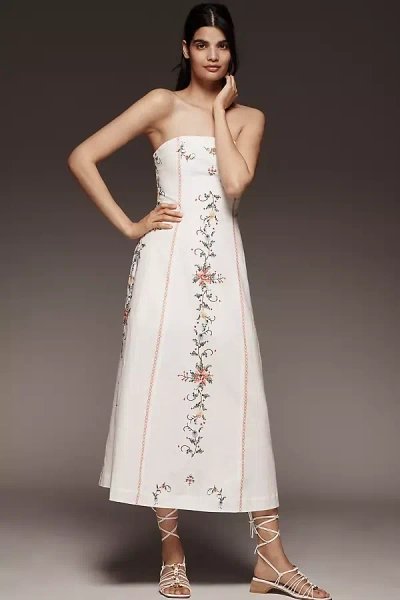 Aston Studio Maggie Harper Linen Blend Strapless Midi Dress In White