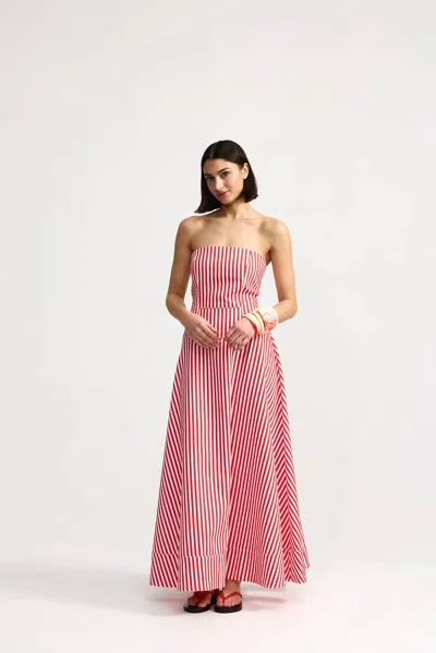 Aston Studio Sloane Denim Maxi Dress In Red In White