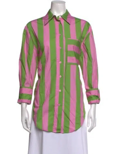 Pre-owned Aston Studio Striped Long Sleeve Button-up Top In Green