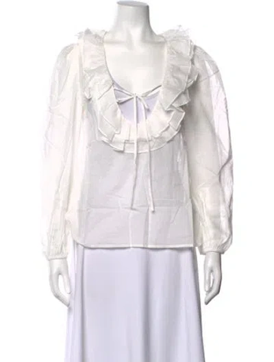 Pre-owned Aston Studio Tie Neck Long Sleeve Blouse In White