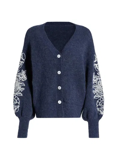 Aston Studio Women's Le Fleur Agnes Floral-embroidered Wool-blend Cardigan In Blue