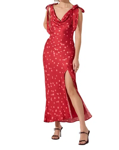 ASTR ALLEXINA SATIN COWL NECK MIDI DRESS IN RED POLKA DOT