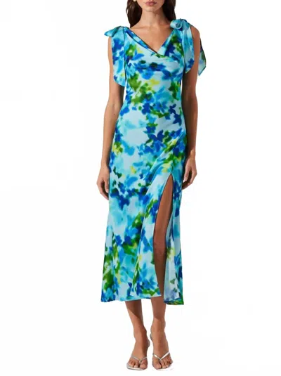 Astr Allexina Satin Cowl Neck Midi Dress In Water Blue Print In Multi