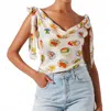 Astr Allexina Satin Tie Shoulder Top In Ivory Fruit Cocktail In White