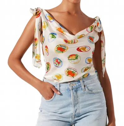 ASTR ALLEXINA SATIN TIE SHOULDER TOP IN IVORY FRUIT COCKTAIL