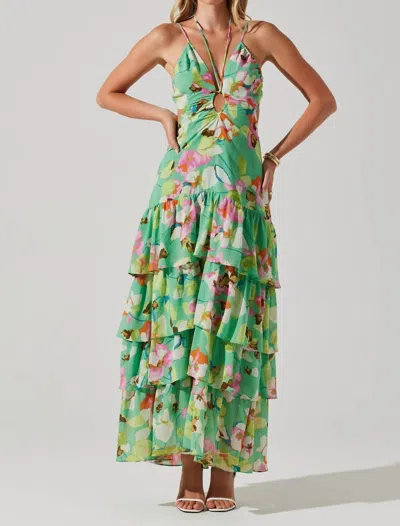 Astr Aneira Floral Tiered Maxi Dress In Green Pink Multi