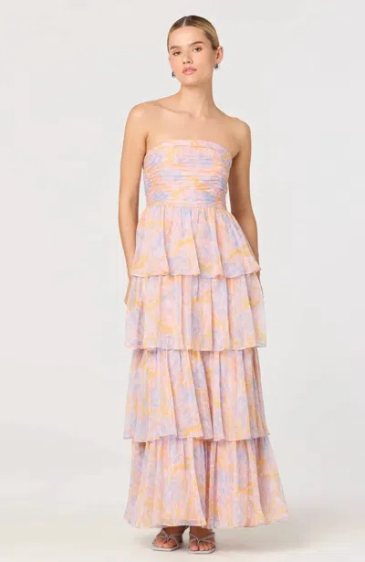 Astr Anisha Strapless Floral Ruffle Maxi Dress In Orange Lavender In Pink