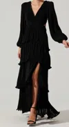 Astr Anora Vneck Pleated Tiered Maxi Dress In Black