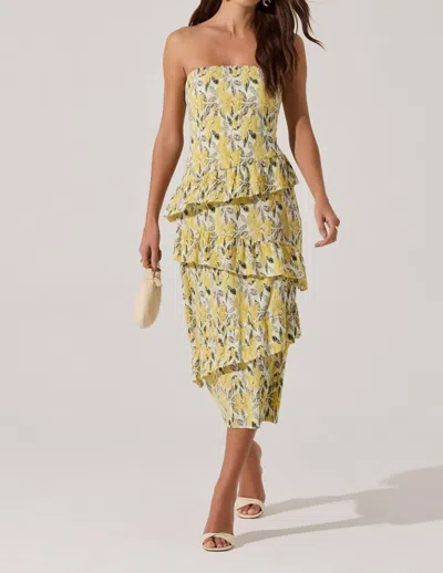 Astr Asymmetrical Tiered Ruffle Midi Dress In Lemon Floral In Yellow