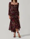 ASTR ATHENA FLORAL RUCHED LONG SLEEVE MIDI DRESS IN BROWN PURPLE DITSY