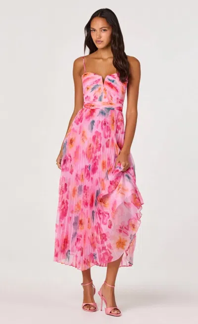 Astr Ayla Floral Pleated Midi Dress In Pink