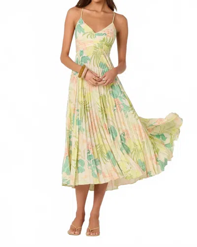 Astr Blythe Floral Plisse Midi Dress In Green Peach Tropical In Yellow