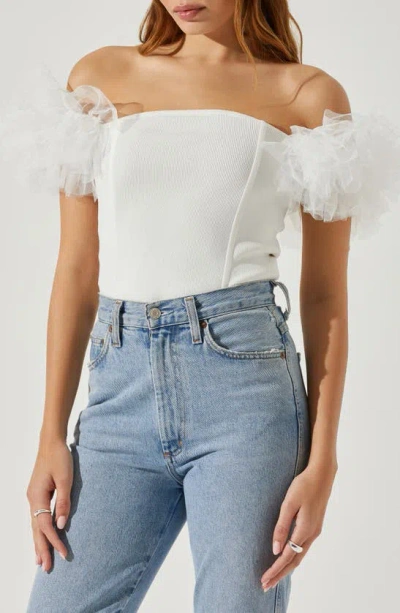 Astr Calla Off The Shoulder Tulle Sleeve Sweater In White