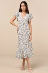 Astr The Label Celestine Floral Flutter Sleeve Maxi Dress In Blue