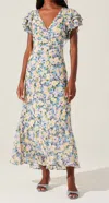 Astr Celestine Floral Flutter Sleeve Dress In Blue Yellow Ditsy