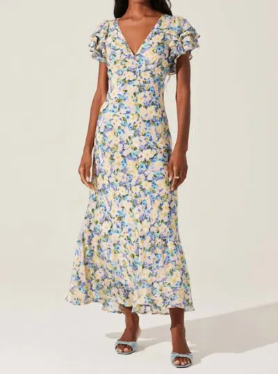 Astr Celestine Floral Flutter Sleeve Dress In Blue Yellow Ditsy In Neutral