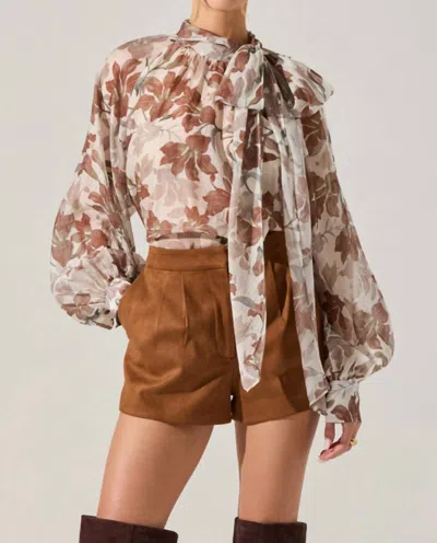 ASTR CINTHIA SHEER BOW TIE TOP IN BROWN/WHITE FLORAL