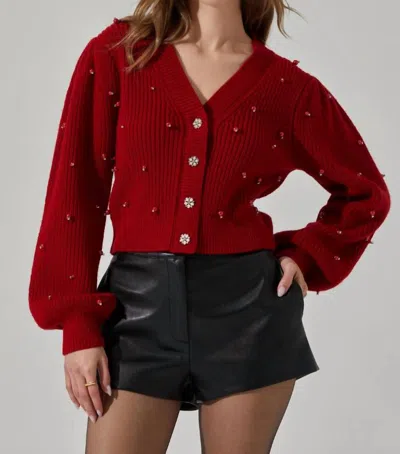 Astr Delsie Pearl Embellished Cardigan In Red