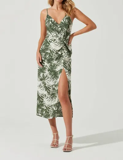Astr Destination Tropical Print Side Slit Midi Dress In Green-white Palm