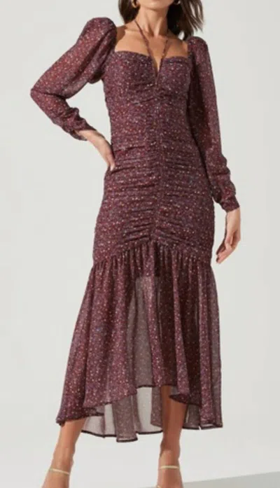 Astr Ditsy Print Long Sleeve Dress In Purple/brown In Multi