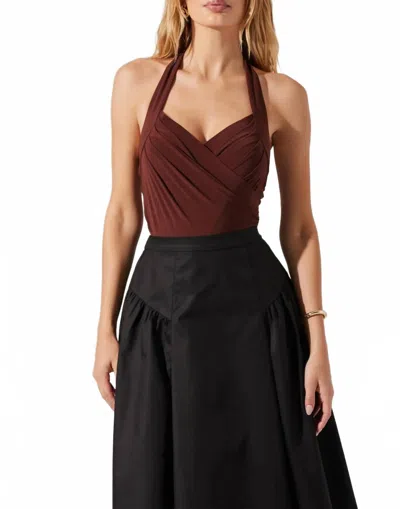 Astr Dyanna Crossover Halter Bodysuit In Chocolate Brown In Multi