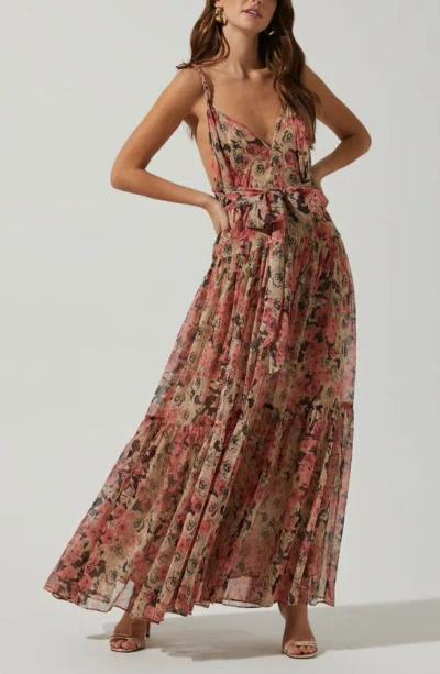Astr Eartha Floral Tiered Maxi Dress In Taupe-pink Floral