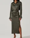Astr Elizabello Satin Midi Shirt Dress In Moss In Grey
