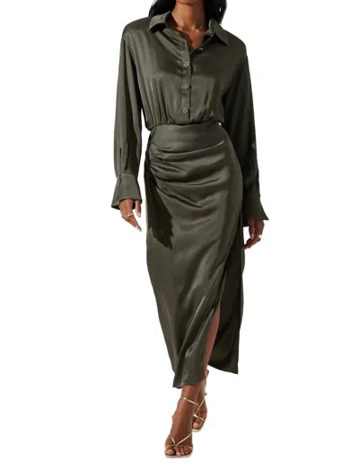 Astr Elizabello Satin Midi Shirt Dress In Moss In Pink