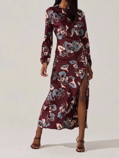 ASTR ELYSE SATIN FLORAL MIDI DRESS IN WINE
