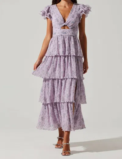 Astr Emporia Floral Pleated Tiered Midi Dress In Lavender Blue Floral