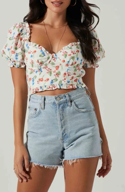 Astr Feronia Puff Sleeve Crop Top In White/ Red Multi Floral