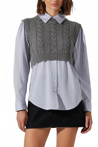 ASTR FLANNERY LAYERED CABLE COMBO SHIRT IN BLUE GREY