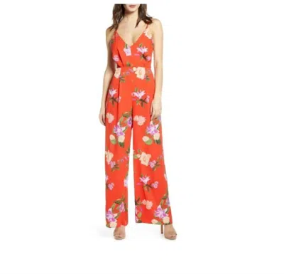 Astr Floral Chiffon V Neck Strappy Back Wide Leg Jumpsuit In Red