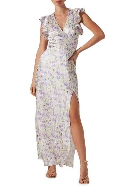 Astr Floral Flutter Sleeve Satin Maxi Dress In Purple Floral