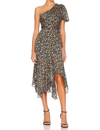 Astr Floral One Shoulder Midi Dress In Brown In Black