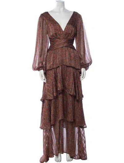 Pre-owned Astr Floral Print Long Dress In Brown