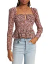 ASTR FLORAL ROUCHED LONG SLEEVE BLOUSE IN BLACK/PINK