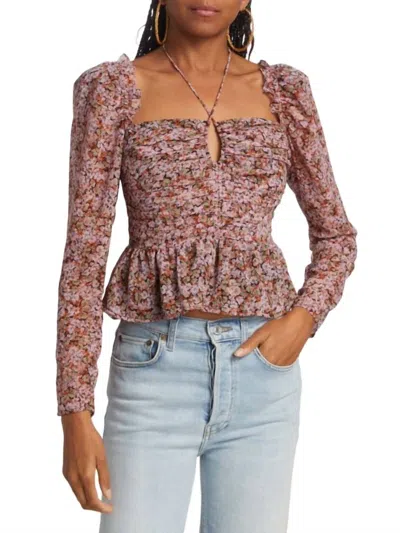 Astr Floral Rouched Long Sleeve Blouse In Black/pink In Purple